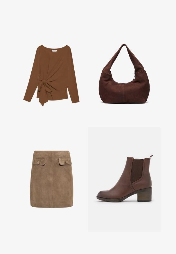Hnedý dlhý rukáv top s širokým výstrihom a uzlom na jednej strane, vyrobený z mäkkej textúrovanej látky.; Hnedá semišová mini sukňa s hladkou textúrou, ktorá má dva predné vrecká s klopou a gombíkové zapínanie na každej strane. Jednoduchý, rovný dizajn.; Hnedé kožené členkové topánky s hladkým povrchom, elastickými bočnými panelmi, zaoblenou špičkou a mierne vysokým dreveným opätkom.; Hnedá semišová hobo taška so zakrivenou, širokou rukoväťou a veľkým otvorom. Mäkka textúra s viditeľným prešitím pozdĺž okrajov.