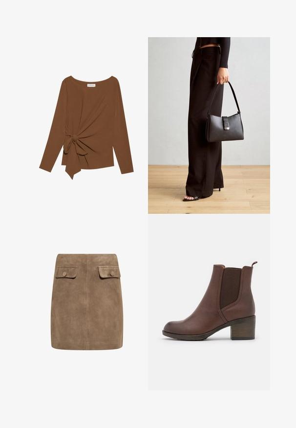 Bruine lange mouwen top met een brede halslijn en een knoopdetail aan één zijde, gemaakt van zachte, gestructureerde stof.; Bruine suède mini-jurk met een gladde textuur, voorzien van twee voorflapzakken en knoopsluitingen aan elke kant. Eenvoudig, recht ontwerp.; Bruine leren enkellaars met een gladde afwerking, elastische zijpanelen, een ronde neus en een gematigde houten hak.; Zwarte handtas met gestructureerde vorm, gladde textuur en een metalen sluiting. Gecombineerd met brede zwarte broeken en sandalen met open teen op een houten vloer.