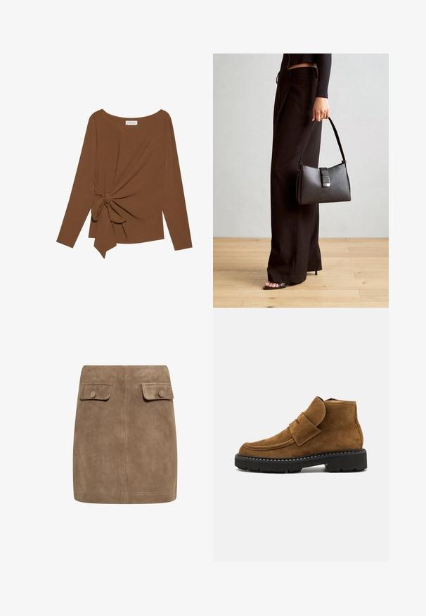 Top marrón de manga larga con un escote amplio y un detalle de nudo en un lado, hecho de una tela suave y texturizada.; Mini falda de ante marrón con una textura suave, que presenta dos bolsillos frontales con solapa y cierres de botón a cada lado. Diseño simple y recto.; Kennel + Schmenger FREDA - Botines bajos - bourbon; Bolso negro con forma estructurada, textura suave y un cierre metálico. Combinado con pantalones anchos negros y sandalias de dedo en un suelo de madera.