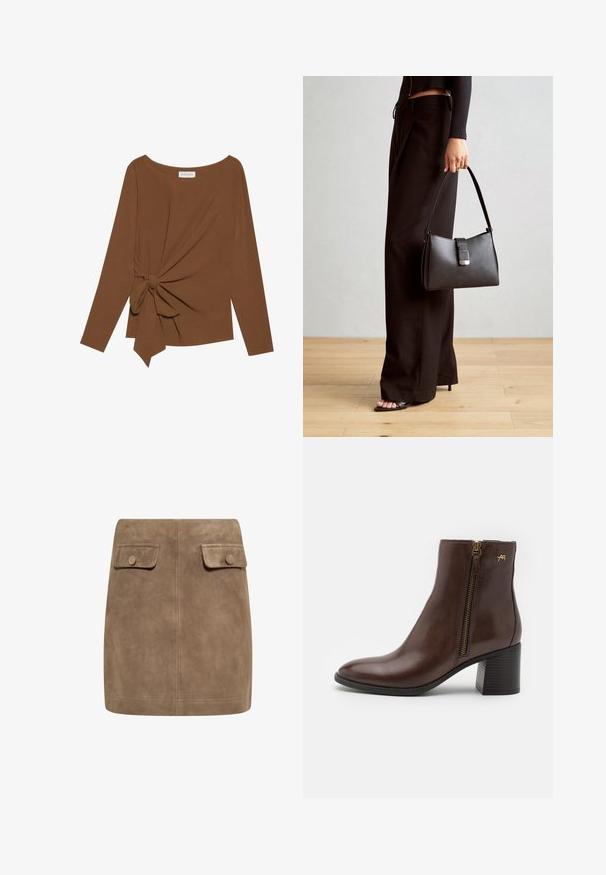 Ruskea pitkähihaisen ylin vaate, jossa on leveä pääntie ja solmukohta toisella sivulla, valmistettu pehmeästä, teksturoidusta kankaasta.; Ruskea mokkanahkainen mini hame, jossa on sileä pinta. Hameessa on kaksi etupakkausta ja napit kummassakin reunassa. Yksinkertainen ja suora muotoilu.; Ruskea nahkasaapas nilkkapituudella, jossa on pyöreä kärki, sivuompelu kullansävyisillä yksityiskohdilla, ja lohkarekorko, jossa on teksturoitu pinta.; Musta käsilaukku, jossa on rakenteellinen muoto, sileä pinta ja metallinen solki. Yhdistetty leveisiin mustiin housuihin ja avonaiheisiin sandaaleihin puulattialla.