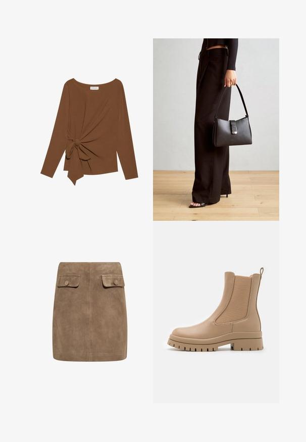Maglia marrone a maniche lunghe con scollatura ampia e un dettaglio a nodo su un lato, realizzata in tessuto morbido e testurizzato.; Gonna mini in suede marrone con una texture liscia, caratterizzata da due tasche frontali con patta e chiusura a bottoni su entrambi i lati. Design semplice e dritto.; Anna Field Stivaletti con plateau - beige; Borsa nera con forma strutturata, texture liscia e una chiusura metallica. Abbinata a pantaloni neri larghi e sandali open-toe su un pavimento in legno.