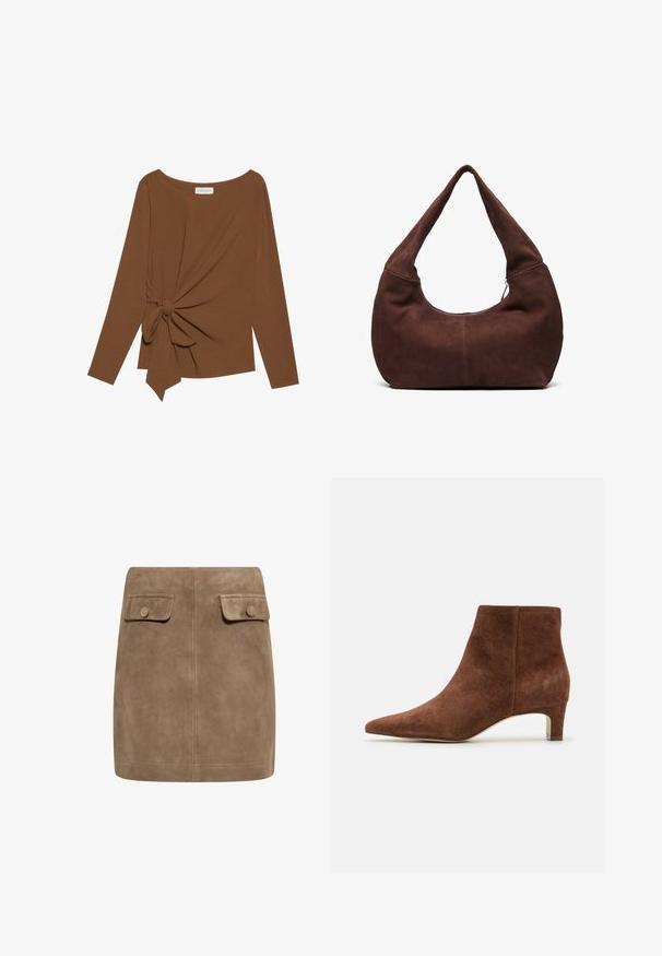 Smeđa majica dugih rukava s širokim izrezom i čvorom s jedne strane, izrađena od mekog, teksturiranog materijala.; Smeđa nubuk mini suknja s glatkom teksturom, koja ima dva prednja džepa s preklopom i dugmad za zatvaranje s obje strane. Jednostavan, ravni dizajn.; Anna Field LEATHER - Gležnjače - tan; Smeđa suknjena hobo torba s zakrivljenom, širokom ručkom i velikim otvorom. Mekana tekstura s vidljivim šavovima duž rubova.