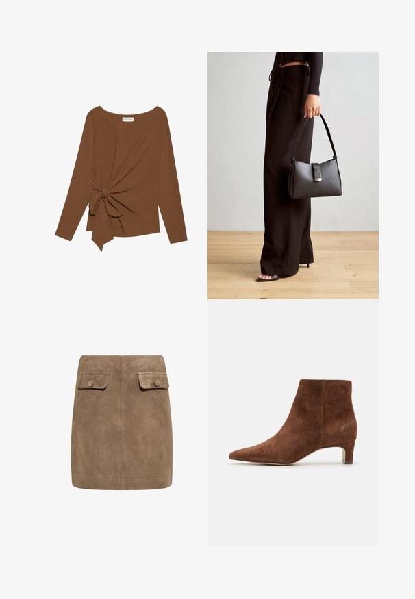Maglia marrone a maniche lunghe con scollatura ampia e un dettaglio a nodo su un lato, realizzata in tessuto morbido e testurizzato.; Gonna mini in suede marrone con una texture liscia, caratterizzata da due tasche frontali con patta e chiusura a bottoni su entrambi i lati. Design semplice e dritto.; Anna Field LEATHER - Tronchetti - tan; Borsa nera con forma strutturata, texture liscia e una chiusura metallica. Abbinata a pantaloni neri larghi e sandali open-toe su un pavimento in legno.