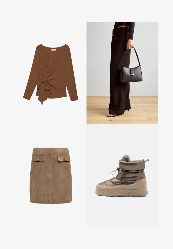 Brązowy, długi rękaw top z szerokim dekoltem i węzełkowym detalem po jednej stronie, wykonany z miękkiego, teksturowanego materiału.; Brązowa zamszowa mini spódnica o gładkiej fakturze, z dwiema przednimi kieszeniami na klapki oraz zapięciem na guziki po obu stronach. Prosty, prosty krój.; Wyściółkowane botki za kostkę z błyszczącej brązowej powłoki syntetycznej, z zamszowymi akcentami, okrągłym noskiem oraz teksturowaną beżową podeszwą z pętelką.; Czarna torebka o usztywnionym kształcie, gładkiej fakturze i metalowym zapięciem. Połączona z szerokimi czarnymi spodniami i sandałami na otwartym palcu na drewnianej podłodze.