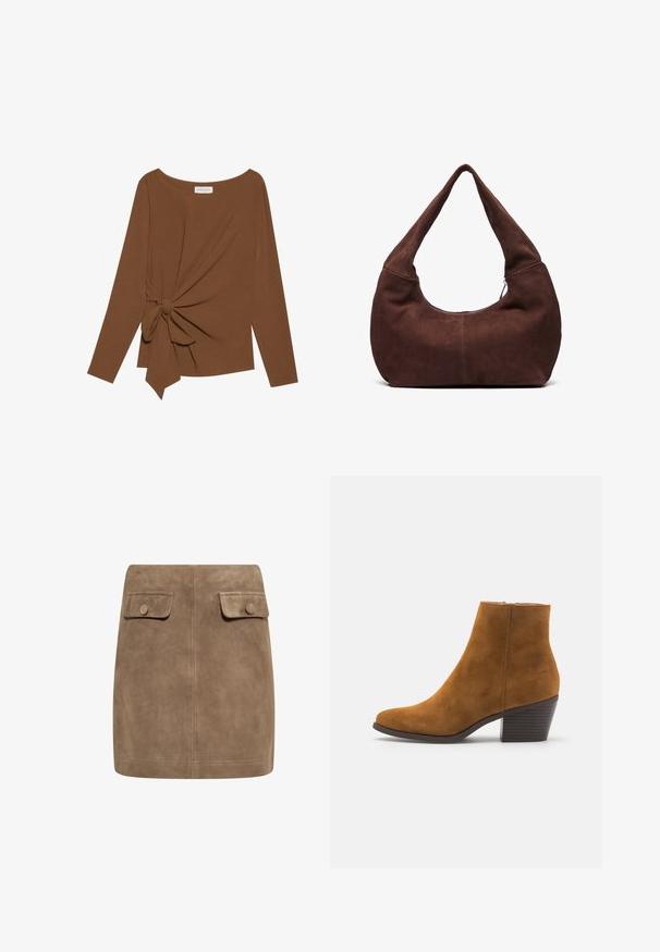 Top marrón de manga larga con un escote amplio y un detalle de nudo en un lado, hecho de una tela suave y texturizada.; Mini falda de ante marrón con una textura suave, que presenta dos bolsillos frontales con solapa y cierres de botón a cada lado. Diseño simple y recto.; Botín de ante marrón hasta el tobillo con punta afilada y tacón apilado. Textura suave con un cierre de cremallera lateral. Diseño y forma clásicos.; Bolso hobo de ante marrón con un asa curvada y ancha y una gran apertura. Textura suave con costuras visibles a lo largo de los bordes.