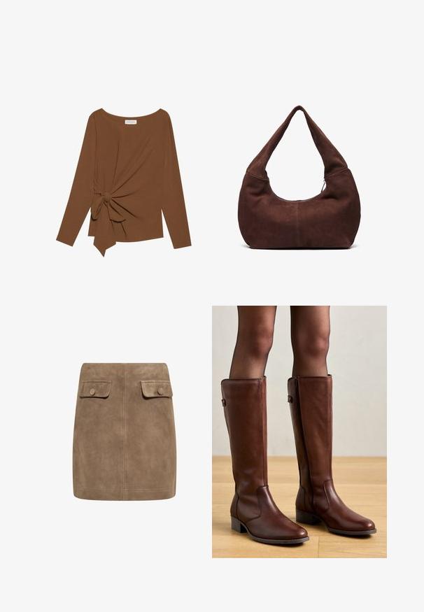 Hnedý dlhý rukáv top s širokým výstrihom a uzlom na jednej strane, vyrobený z mäkkej textúrovanej látky.; Hnedá semišová mini sukňa s hladkou textúrou, ktorá má dva predné vrecká s klopou a gombíkové zapínanie na každej strane. Jednoduchý, rovný dizajn.; Anna Field LEATHER - Čižmy - brown; Hnedá semišová hobo taška so zakrivenou, širokou rukoväťou a veľkým otvorom. Mäkka textúra s viditeľným prešitím pozdĺž okrajov.
