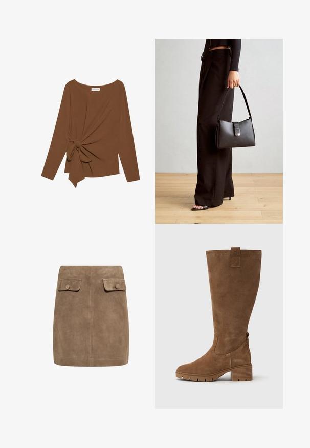 Brązowy, długi rękaw top z szerokim dekoltem i węzełkowym detalem po jednej stronie, wykonany z miękkiego, teksturowanego materiału.; Brązowa zamszowa mini spódnica o gładkiej fakturze, z dwiema przednimi kieszeniami na klapki oraz zapięciem na guziki po obu stronach. Prosty, prosty krój.; Tamaris - Kozaki; Czarna torebka o usztywnionym kształcie, gładkiej fakturze i metalowym zapięciem. Połączona z szerokimi czarnymi spodniami i sandałami na otwartym palcu na drewnianej podłodze.