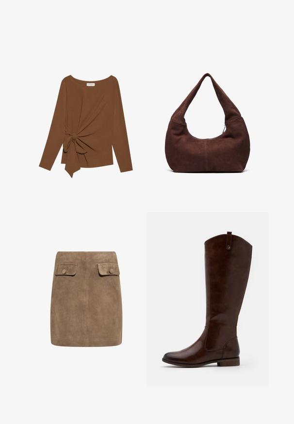 Top marrón de manga larga con un escote amplio y un detalle de nudo en un lado, hecho de una tela suave y texturizada.; Mini falda de ante marrón con una textura suave, que presenta dos bolsillos frontales con solapa y cierres de botón a cada lado. Diseño simple y recto.; Botas marrones hasta la rodilla, hechas de cuero liso, con punta redondeada, tacón bajo apilado y un sutil patrón de costura a lo largo de los lados.; Bolso hobo de ante marrón con un asa curvada y ancha y una gran apertura. Textura suave con costuras visibles a lo largo de los bordes.
