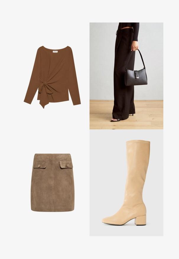 Barna, hosszú ujjú felső, széles nyakkivágással és az egyik oldalon csomó részlettel, puha, texturált anyagból készült.; Barna szarvasbőr mini szoknya sima textúrával, két elülső hajtókával és gombos záródásokkal mindkét oldalon. Egyszerű, egyenes szabás.; Anna Field Csizmák - beige; Fekete kézi táska strukturált formával, sima textúrával és fémből készült záródással. Széles fekete nadrággal és nyitott orrú szandállal párosítva, fából készült padlón.