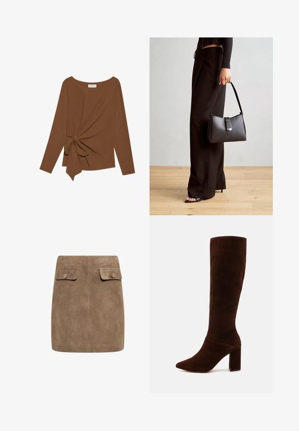 Barna, hosszú ujjú felső, széles nyakkivágással és az egyik oldalon csomó részlettel, puha, texturált anyagból készült.; Barna szarvasbőr mini szoknya sima textúrával, két elülső hajtókával és gombos záródásokkal mindkét oldalon. Egyszerű, egyenes szabás.; Barna velúr, térd fölé érő csizma hegyes orral és vastag, négyzetes sarkával. Sima felület, a szára illeszkedik, és nincsenek látható záródások.; Fekete kézi táska strukturált formával, sima textúrával és fémből készült záródással. Széles fekete nadrággal és nyitott orrú szandállal párosítva, fából készült padlón.