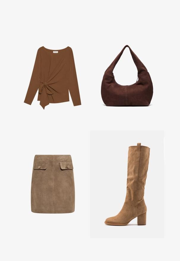 Bruine lange mouwen top met een brede halslijn en een knoopdetail aan één zijde, gemaakt van zachte, gestructureerde stof.; Bruine suède mini-jurk met een gladde textuur, voorzien van twee voorflapzakken en knoopsluitingen aan elke kant. Eenvoudig, recht ontwerp.; Kniehoge tan kleurige suède laars met een blokhak, voorzien van gestikte accenten en een gestroomlijnde vorm voor een moderne uitstraling.; Bruin suède hobo tas met een gebogen, brede handgreep en een grote opening. Zachte textuur met zichtbare stiksels langs de randen.