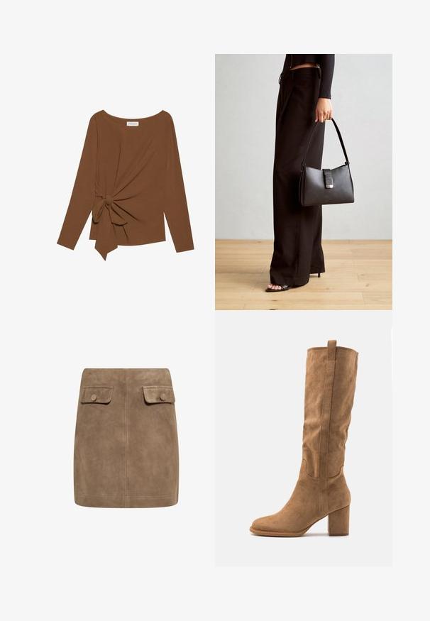 Brūna garām piedurknēm topa, kas izceļas ar plašu dekoltē un mezglu detaļu vienā pusē, izgatavota no mīkstas, teksturētas auduma.; Brūns zamšs mini svārki ar gludu tekstūru, ieguvuši divas priekšējās kabatas ar vāciņiem un pogu aizdare katrā pusē. Vienkāršs, taisns dizains.; Knee-high brūna zamša zābaks ar taisnu papēdi, ar šuvēm un modernu, elegantu siluetu.; Melnā somiņa ar strukturētu formu, gludu tekstūru un metālu sprādzi. Saskaņota ar platām melnām biksēm un sandālēm ar atvērtu purngalu uz koka grīdas.