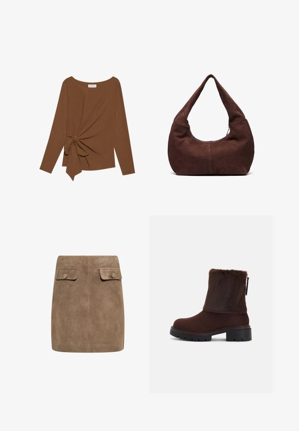 Maglia marrone a maniche lunghe con scollatura ampia e un dettaglio a nodo su un lato, realizzata in tessuto morbido e testurizzato.; Gonna mini in suede marrone con una texture liscia, caratterizzata da due tasche frontali con patta e chiusura a bottoni su entrambi i lati. Design semplice e dritto.; Stivale alla caviglia marrone con un fascio di morbida pelliccia sintetica, tacco a blocco e suola in gomma texturizzata. Chiusura con zip laterale e dettaglio cucito attorno alla base.; Borsa hobo in suede marrone con una maniglia curva e larga e un'ampia apertura. Tessuto morbido con dettagli di cucitura visibili lungo i bordi.