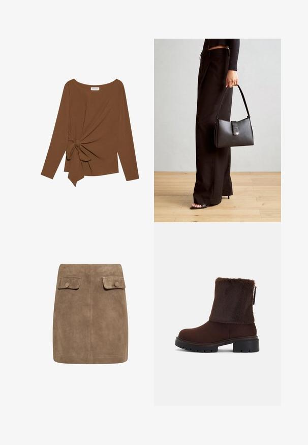 Hnedý dlhý rukáv top s širokým výstrihom a uzlom na jednej strane, vyrobený z mäkkej textúrovanej látky.; Hnedá semišová mini sukňa s hladkou textúrou, ktorá má dva predné vrecká s klopou a gombíkové zapínanie na každej strane. Jednoduchý, rovný dizajn.; Hnedé členkové čižmy s mäkkým umelým kožúškom, blokovým podpätkom a textúrovanou gumovou podrážkou. Bočné zapínanie na zips a prešívaný detail okolo základne.; Čierna kabelka so štruktúrovaným tvarom, hladkou textúrou a kovovou sponou. V kombinácii so širokými čiernymi nohavicami a sandálmi s otvorenou špičkou na drevenej podlahe.
