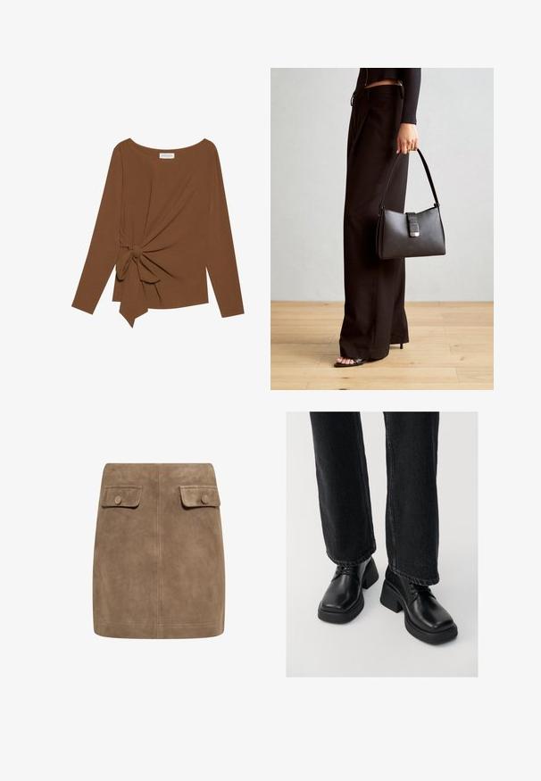 Barna, hosszú ujjú felső, széles nyakkivágással és az egyik oldalon csomó részlettel, puha, texturált anyagból készült.; Barna szarvasbőr mini szoknya sima textúrával, két elülső hajtókával és gombos záródásokkal mindkét oldalon. Egyszerű, egyenes szabás.; Fekete bőr csizmák masszív sarokkal, fűzős kialakítással és kerek orral. Fekete, bő szárú farmerral párosítva, tiszta vonalakat és textúrát mutatva.; Fekete kézi táska strukturált formával, sima textúrával és fémből készült záródással. Széles fekete nadrággal és nyitott orrú szandállal párosítva, fából készült padlón.