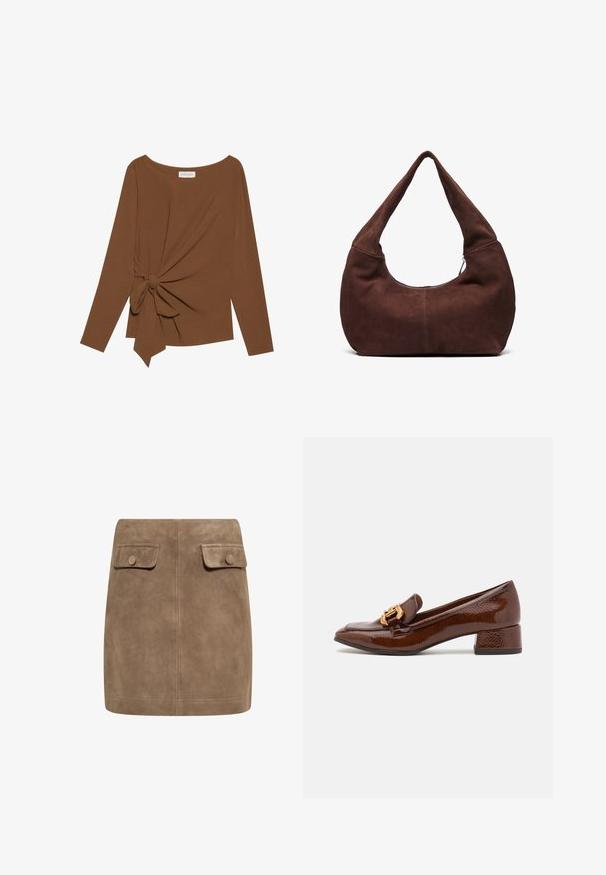 Ruskea pitkähihaisen ylin vaate, jossa on leveä pääntie ja solmukohta toisella sivulla, valmistettu pehmeästä, teksturoidusta kankaasta.; Ruskea mokkanahkainen mini hame, jossa on sileä pinta. Hameessa on kaksi etupakkausta ja napit kummassakin reunassa. Yksinkertainen ja suora muotoilu.; Ruske nahkasaapad läikiva viimistlusega, millel on ees dekoratiivne kuldne klamber ja madal plokkkonts. Klassikaline disain.; Ruskea mokkahobo-laukku, jossa on kaareva, leveä kahva ja suuri aukko. Pehmeä tekstuuri, jossa on näkyvää tikkausta reunoilla.