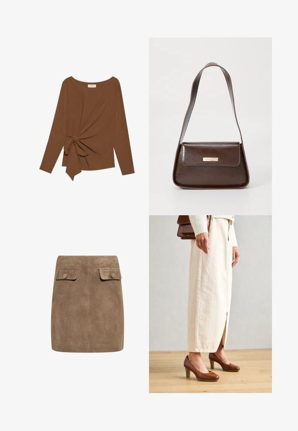 Brauner Langarm-Top mit weitem Ausschnitt und Knoten-Detail auf einer Seite, aus weichem, strukturiertem Stoff.; Brauner Wildleder-Minirock mit glatter Textur, ausgestattet mit zwei vorderen Klappentaschen und Druckknopfverschlüssen an beiden Seiten. Schlichtes, gerades Design.; Braune Absatzschuhe mit runder Zehenpartie, kombiniert mit einem cremefarbenen langen Rock mit einem Schlitz vorne, sowie einer strukturierten braunen Handtasche.; Braune Lederschultertasche mit strukturierter Form, ausgestattet mit einem magnetischen Klappenverschluss und einem metallischen Logoakzent auf der Vorderseite.