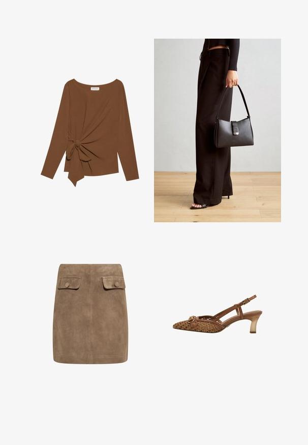 Bruine lange mouwen top met een brede halslijn en een knoopdetail aan één zijde, gemaakt van zachte, gestructureerde stof.; Bruine suède mini-jurk met een gladde textuur, voorzien van twee voorflapzakken en knoopsluitingen aan elke kant. Eenvoudig, recht ontwerp.; Bruine gevlochten slingback schoen met een puntige neus, slanke banden, een decoratieve gespsaccent en een doorzichtige, mid-hoog hak.; Zwarte handtas met gestructureerde vorm, gladde textuur en een metalen sluiting. Gecombineerd met brede zwarte broeken en sandalen met open teen op een houten vloer.