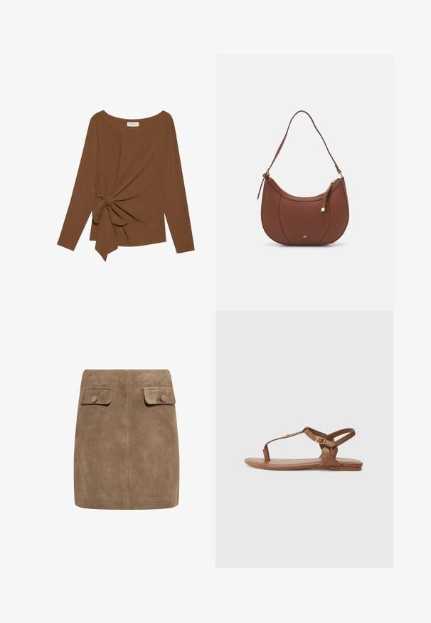 Top marrón de manga larga con un escote amplio y un detalle de nudo en un lado, hecho de una tela suave y texturizada.; Mini falda de ante marrón con una textura suave, que presenta dos bolsillos frontales con solapa y cierres de botón a cada lado. Diseño simple y recto.; Sandalia de cuero marrón con diseño de tira en T, correa ajustable en el tobillo con una hebilla dorada, suela plana y textura suave.; Bolso de hombro de imitación cuero marrón con forma curva, costura mínima y un acento de hardware en tono dorado. Presenta un cierre de cremallera en la parte superior y una correa ajustable.