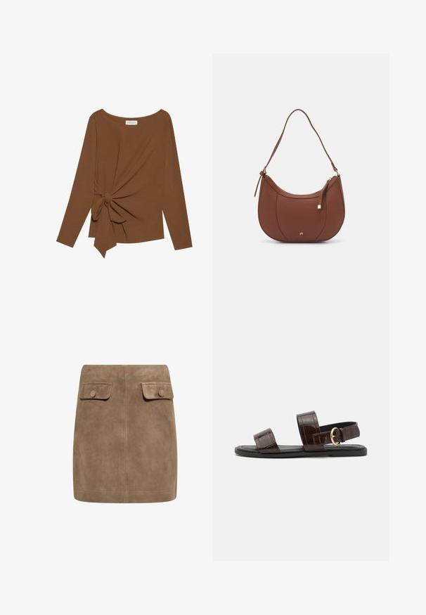 Brun langærmet top med en bred halsudskæring og en knude detalje på den ene side, lavet af blødt, tekstureret stof.; Brun ruskind mini nederdel med en glat tekstur, der har to frontlommer med flap og knaplukninger på hver side. Enkel, lige design.; Brun krokodillembossed lædersandal med to brede stropper og en guldbeslag, der har en flad sort sål.; Brun faux læder skuldertaske med buet form, minimal syning og en guldtonet hardwaredetalje. Har en top lynlåslukning og justerbar rem.