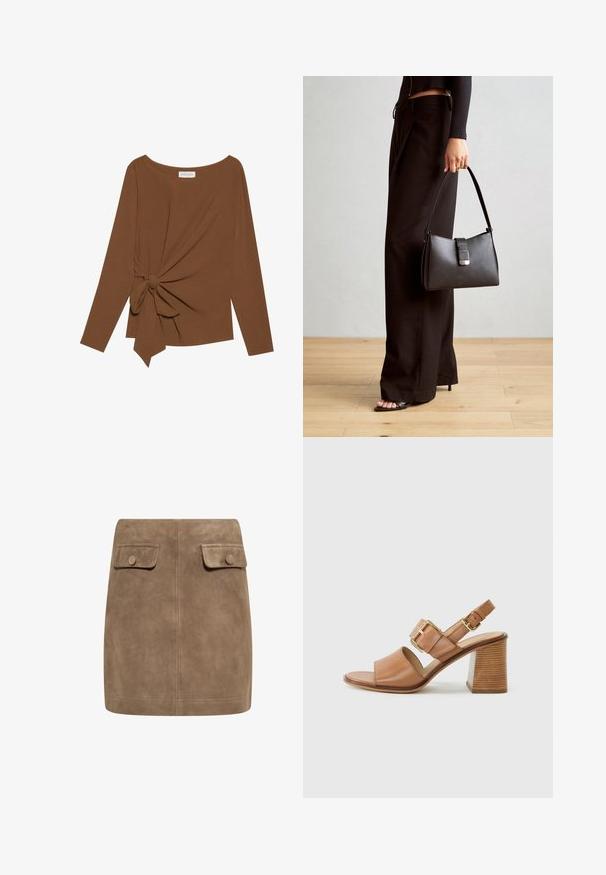 Hnedý dlhý rukáv top s širokým výstrihom a uzlom na jednej strane, vyrobený z mäkkej textúrovanej látky.; Hnedá semišová mini sukňa s hladkou textúrou, ktorá má dva predné vrecká s klopou a gombíkové zapínanie na každej strane. Jednoduchý, rovný dizajn.; Hnedé kožené sandále na podpätku so širokým predným pásikom, nastaviteľným členkovým pásom s zlatou sponou a textúrovaným blokovým podpätkom.; Čierna kabelka so štruktúrovaným tvarom, hladkou textúrou a kovovou sponou. V kombinácii so širokými čiernymi nohavicami a sandálmi s otvorenou špičkou na drevenej podlahe.