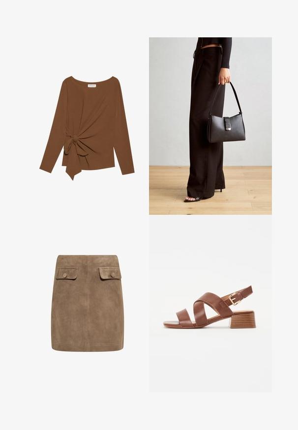 Brązowy, długi rękaw top z szerokim dekoltem i węzełkowym detalem po jednej stronie, wykonany z miękkiego, teksturowanego materiału.; Brązowa zamszowa mini spódnica o gładkiej fakturze, z dwiema przednimi kieszeniami na klapki oraz zapięciem na guziki po obu stronach. Prosty, prosty krój.; Brązowe skórzane sandały z krzyżującymi się paskami, regulowanym zapięciem na kostce oraz niskim, warstwowym obcasem o teksturowanym wykończeniu.; Czarna torebka o usztywnionym kształcie, gładkiej fakturze i metalowym zapięciem. Połączona z szerokimi czarnymi spodniami i sandałami na otwartym palcu na drewnianej podłodze.