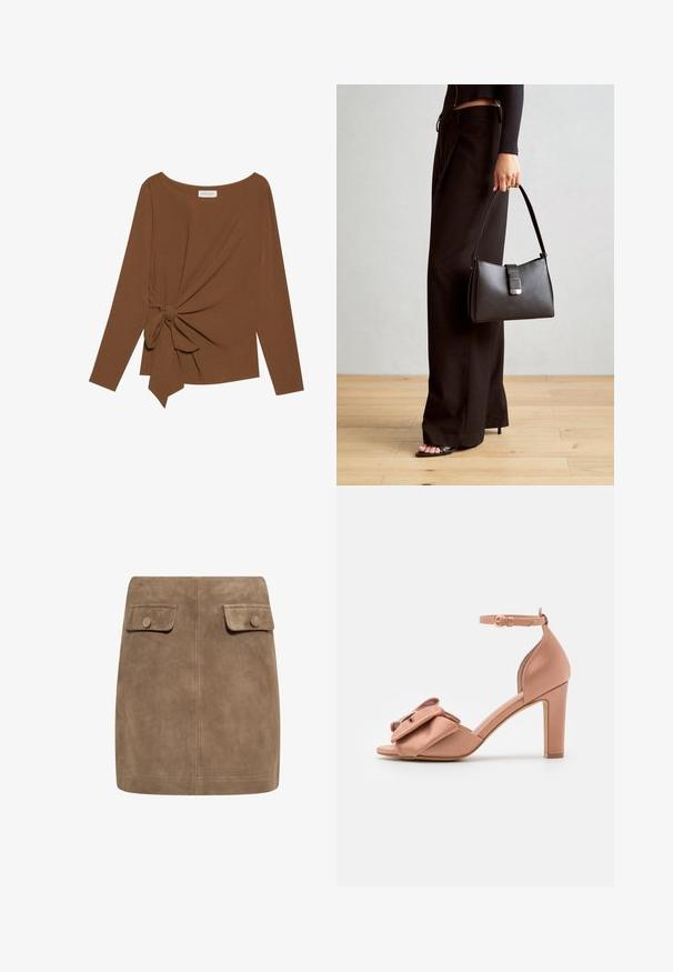 Brun långärmad topp med bred halsringning och en knutdetalj på ena sidan, tillverkad av mjukt, texturerat tyg.; Brun mockaskinn mini kjol med en slät textur, som har två framfickor med klaff och knäppningar på varje sida. Enkel, rak design.; Högklackad sandalett i mjuk rosa satin med en stor rosettdetalj framtill. Har ett ankelsnöre och en slät, glansig yta.; Svart handväska med strukturerad form, slät yta och metallspänne. Matchad med vida svarta byxor och sandaler med öppen tå på trägolv.