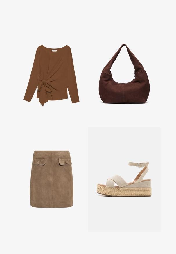 Brun långärmad topp med bred halsringning och en knutdetalj på ena sidan, tillverkad av mjukt, texturerat tyg.; Brun mockaskinn mini kjol med en slät textur, som har två framfickor med klaff och knäppningar på varje sida. Enkel, rak design.; Beiga espadrille plattform sandaler med vävt textilövre, korsade remmar, ankelspänne och texturerad jute-omslagen sula.; Brun mockaim väskan med ett böjt, brett handtag och en stor öppning. Mjuk textur med synlig sömnadsdetalj längs kanterna.