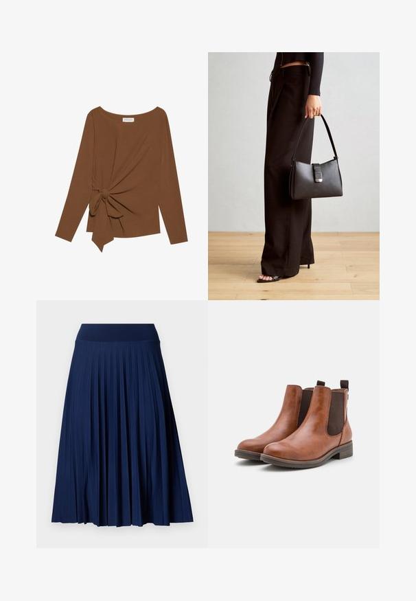 Pruuni pikad varrukad ja laia kaelusega topp, millel on ühe külje sõlmekaunistus, valmistatud pehmest ja tekstuuriga kangast.; Tumed pleiditud seelik laia vöökohaga, valmistatud sileda kangaga. Omab vertikaalseid pleite ja ulatub keskpaigani.; Pruunid nahast pahkluksaapad elastsete külgpanelidega, ümarate varvastega ja madala puidust kontsaga. Omavad silmusdetaili, mis teeb jalga panemise lihtsaks.; Must musta kott, millel on struktureeritud kuju, sile tekstuur ja metallist klamber. Kombineeritud laiate mustade pükstega ja avatud varvaste sandaalidega puidust põrandal.