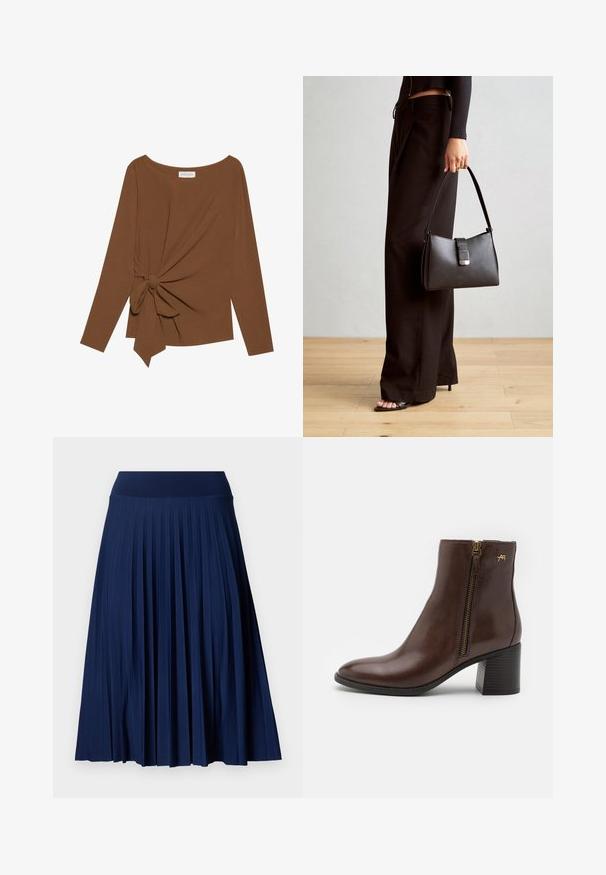 Top marrón de manga larga con un escote amplio y un detalle de nudo en un lado, hecho de una tela suave y texturizada.; Falda plisada de color azul marino con una cinturilla ancha, hecha de una tela suave. Presenta pliegues verticales y llega hasta la mitad de la pantorrilla.; Botín de cuero marrón hasta el tobillo con punta redonda, cremallera lateral con herrajes dorados y tacón cuadrado con un patrón texturizado.; Bolso negro con forma estructurada, textura suave y un cierre metálico. Combinado con pantalones anchos negros y sandalias de dedo en un suelo de madera.