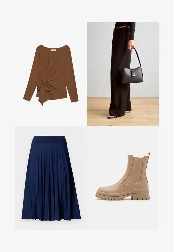 Smeđa majica dugih rukava s širokim izrezom i čvorom s jedne strane, izrađena od mekog, teksturiranog materijala.; Mornarica plisirana suknja sa širokim pojasom, izrađena od glatkog materijala. Ima vertikalne plisove i pada do sredine lista.; Anna Field Gležnjače s platformom - beige; Crna torba s oblikom koji sadrži strukturu, glađu teksturu i metalnu kopču. Uparena s širokim crnim hlačama i sandalama na otvorenom s drvenog poda.