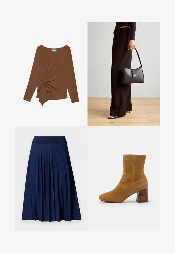 Top marrón de manga larga con un escote amplio y un detalle de nudo en un lado, hecho de una tela suave y texturizada.; Falda plisada de color azul marino con una cinturilla ancha, hecha de una tela suave. Presenta pliegues verticales y llega hasta la mitad de la pantorrilla.; Botín de ante marrón hasta el tobillo con punta afilada, costuras laterales y un tacón de bloque de madera. Textura suave sin herrajes o adornos visibles.; Bolso negro con forma estructurada, textura suave y un cierre metálico. Combinado con pantalones anchos negros y sandalias de dedo en un suelo de madera.