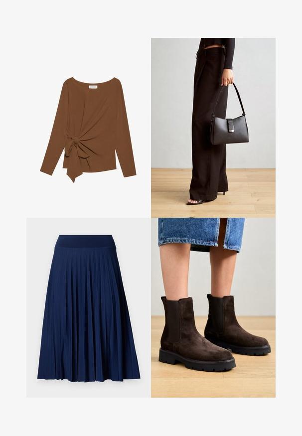 Top marrón de manga larga con un escote amplio y un detalle de nudo en un lado, hecho de una tela suave y texturizada.; Falda plisada de color azul marino con una cinturilla ancha, hecha de una tela suave. Presenta pliegues verticales y llega hasta la mitad de la pantorrilla.; Marc O'Polo GIULIA - Botines con plataforma - dark brown; Bolso negro con forma estructurada, textura suave y un cierre metálico. Combinado con pantalones anchos negros y sandalias de dedo en un suelo de madera.