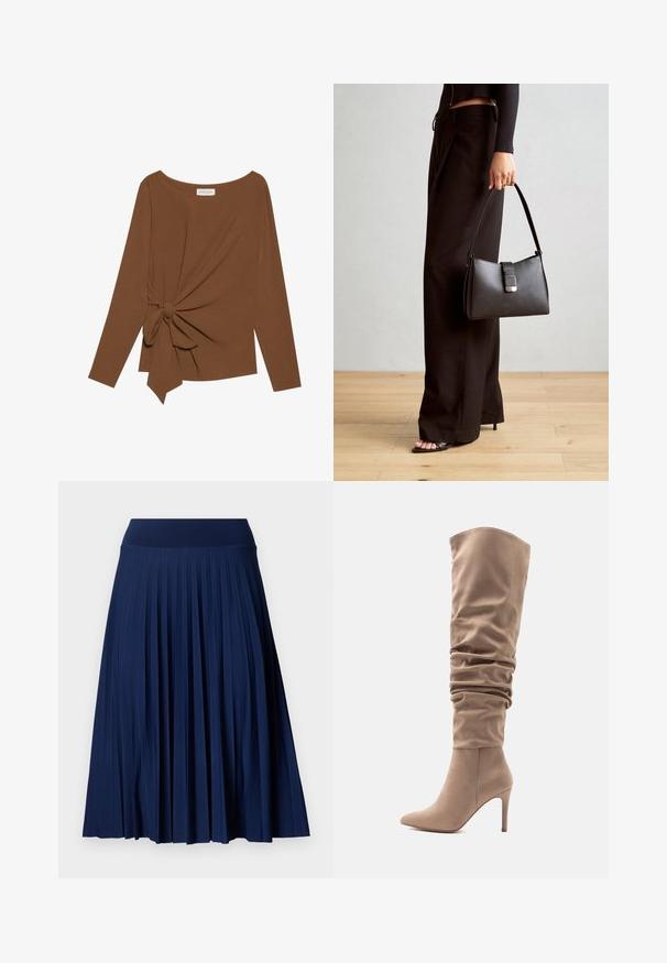 Hnědý dlouhý rukáv top s širokým výstřihem a detaily uzlu na jedné straně, vyrobený z měkké texturované látky.; Námořnická plisovaná sukně s širokým pasem, vyrobená z hladkého materiálu. Obsahuje vertikální plisování a sahá do poloviny lýtek.; Béžové kožené boty nad kolena s volným designem, špičatou špičkou a 10 cm jehlovým podpatkem. Hladká textura a minimalistický styl.; Černá kabelka se strukturovaným tvarem, hladkým povrchem a kovovým uzávěrem. Kombinována s širokými černými kalhotami a sandály s otevřenou špičkou na dřevěné podlaze.