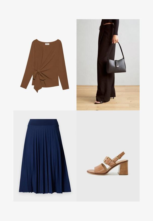 Pruuni pikad varrukad ja laia kaelusega topp, millel on ühe külje sõlmekaunistus, valmistatud pehmest ja tekstuuriga kangast.; Tumed pleiditud seelik laia vöökohaga, valmistatud sileda kangaga. Omab vertikaalseid pleite ja ulatub keskpaigani.; Pruunist nahast kontsaga sandaalid, laia esirihmaga, reguleeritava pahkluu rihmaga, millel on kuldne pandla, ja tekstureeritud plokktald.; Must musta kott, millel on struktureeritud kuju, sile tekstuur ja metallist klamber. Kombineeritud laiate mustade pükstega ja avatud varvaste sandaalidega puidust põrandal.