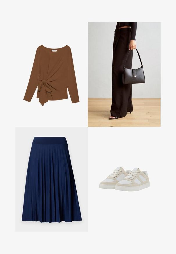 Brown long-sleeve top featuring a wide neckline and a knot detail on one side, made of soft, textured fabric.; Navy pleated skirt with a wide waistband, made from a smooth fabric. Features vertical pleats and falls to mid-calf length.; Beige and white sneakers with a textured upper, lace closure, and padded collar. Features three white side stripes and a rubber sole.; Black handbag with structured shape, smooth texture, and a metallic clasp. Paired with wide black pants and open-toe sandals on wooden floor.