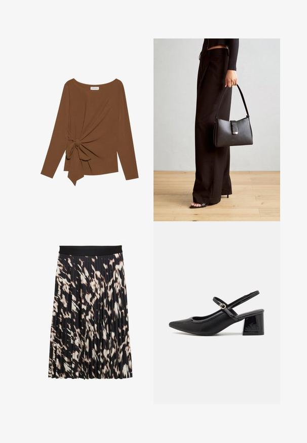 Maglia marrone a maniche lunghe con scollatura ampia e un dettaglio a nodo su un lato, realizzata in tessuto morbido e testurizzato.; Gonna a pieghe con una ampia vita nera; stampata in tonalità di nero, crema e marrone; texture liscia con un design fluido.; Décolleté in vernice nera con cinturino dietro, punta affusolata, design con ritagli arrotondati e tacco a blocco. Presenta un accento di fibbia tono oro.; Borsa nera con forma strutturata, texture liscia e una chiusura metallica. Abbinata a pantaloni neri larghi e sandali open-toe su un pavimento in legno.