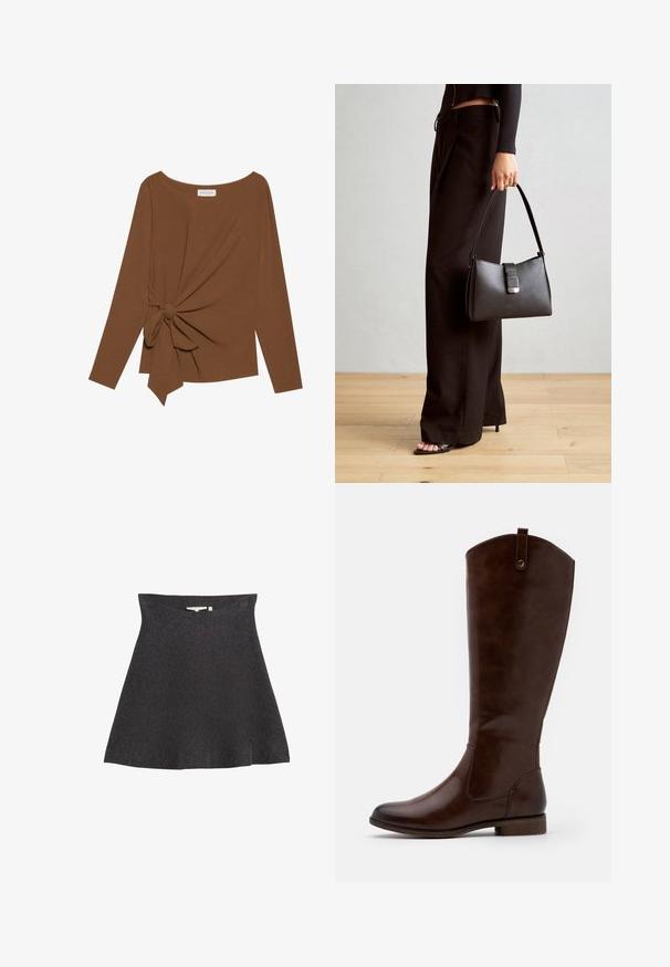 Brauner Langarm-Top mit weitem Ausschnitt und Knoten-Detail auf einer Seite, aus weichem, strukturiertem Stoff.; Ein ausgestellter, dunkelgrauer Rock aus weichem Stoff, mit einem hohen Bund und glatter Textur, ohne sichtbare Muster oder Beschläge.; Braune kniehohe Stiefel aus glattem Leder, mit runder Zehenform, niedrigem Blockabsatz und einem dezente Stichmuster an den Seiten.; Schwarze Handtasche mit strukturierter Form, glatter Textur und einem metallischen Verschluss. Kombiniert mit weiten schwarzen Hosen und offenen Sandalen auf einem Holzboden.