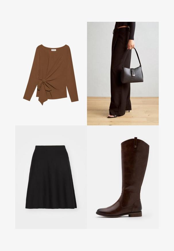 Brun langærmet top med en bred halsudskæring og en knude detalje på den ene side, lavet af blødt, tekstureret stof.; Lindex SKIRT DAGMAR - A-snit nederdel - black; Brune knæhøje støvler lavet af glat læder, med rund tå, lav stablet hæl og et subtilt sømme mønster langs siderne.; Sort håndtaske med struktureret form, glat overflade og metalspænde. Sammen med brede sorte bukser og sandaler med åben tå på trægulv.