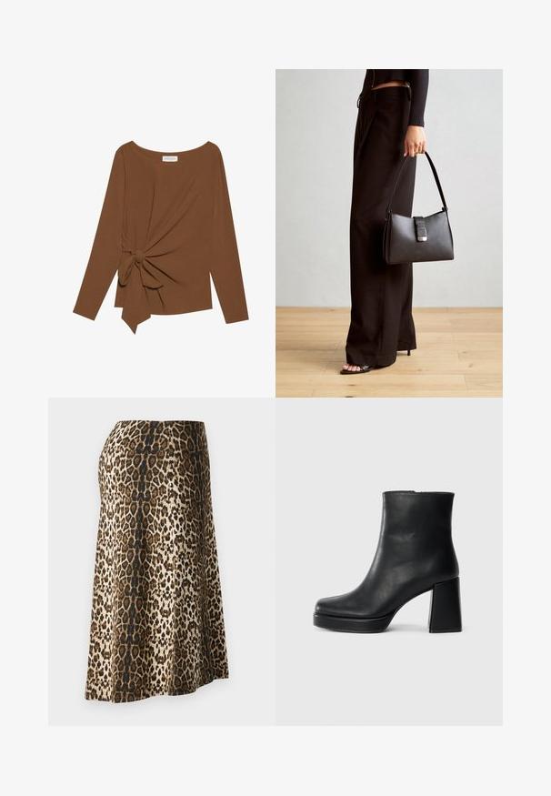 Hnedý dlhý rukáv top s širokým výstrihom a uzlom na jednej strane, vyrobený z mäkkej textúrovanej látky.; Sukňa s leopardím vzorom s jemnou a hladkou textúrou; farby zahŕňajú béžovú, čiernu a hnedú; dĺžka po členky s priliehavým pásom.; Čierne kožené členkové topánky s blokovým podpätkom a platformovou podrážkou, zobrazené z boku na bielom pozadí.; Čierna kabelka so štruktúrovaným tvarom, hladkou textúrou a kovovou sponou. V kombinácii so širokými čiernymi nohavicami a sandálmi s otvorenou špičkou na drevenej podlahe.