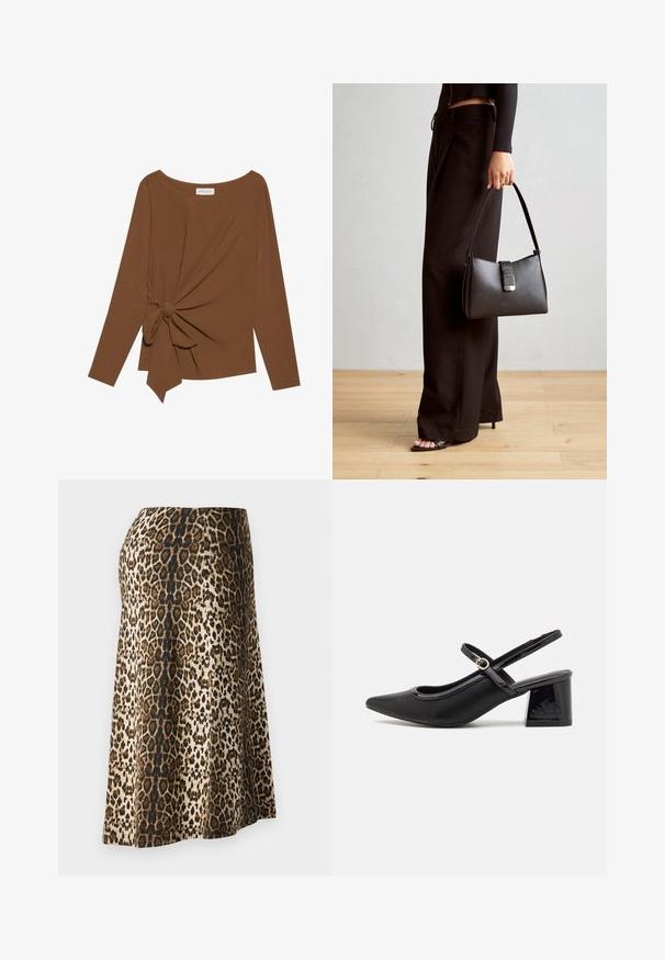 Top marrón de manga larga con un escote amplio y un detalle de nudo en un lado, hecho de una tela suave y texturizada.; Falda de estampado de leopardo con una textura suave y lisa; los colores incluyen beige, negro y marrón; larga hasta el tobillo con una cintura ajustada.; Tacones slingback de charol negro con punta afilada, un diseño de corte redondeado y tacón bloque. Incluye un detalle de hebilla en tono dorado.; Bolso negro con forma estructurada, textura suave y un cierre metálico. Combinado con pantalones anchos negros y sandalias de dedo en un suelo de madera.