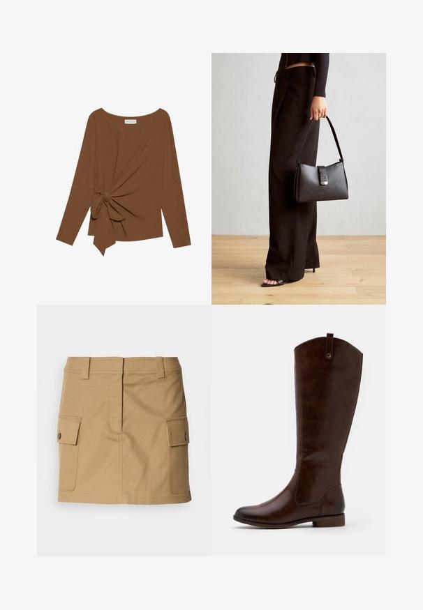 Rjava dolgosleeve majica z širokim izrezom in vozlom na eni strani, izdelana iz mehkega, teksturiranega blaga.; Khaki bomba krilo z oblikovanim pasom, dvema stranskima žepoma z zaskočno zaprtje in ravnim krojem. Trajna tkanina z gladko teksturo.; Rjave škornje do kolen, izdelane iz gladkega usnja, z zaobljenim nosom, nizkim naloženim peto in diskretnim šivanim vzorcem ob straneh.; Črna torbica z strukturirano obliko, gladko teksturo in kovinskim zaponko. Ujemajo se z širokimi črnimi hlačami in odprtimi sandali na lesenem tleh.