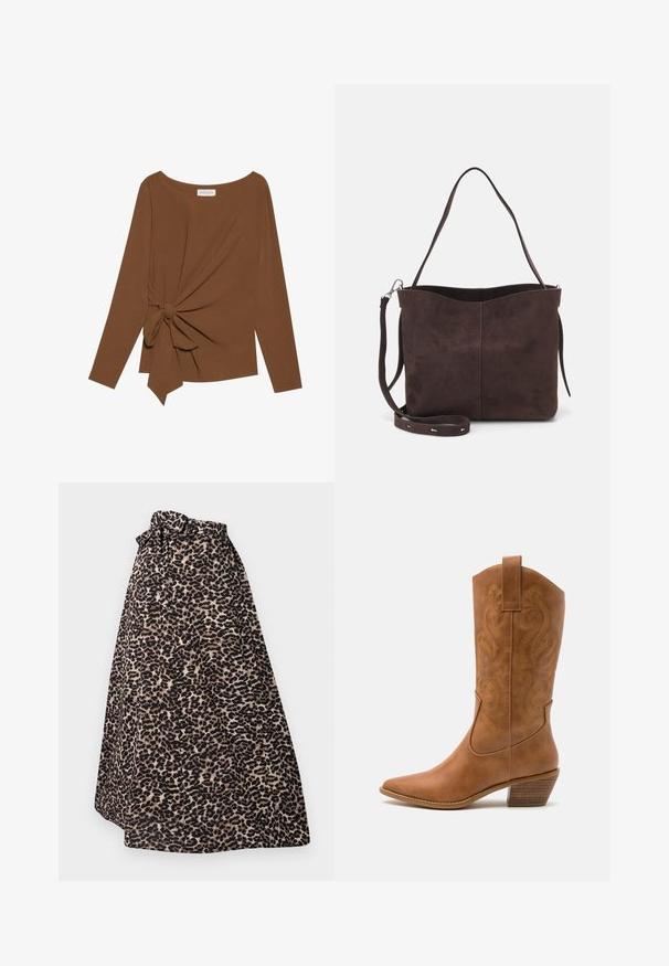 Top marrón de manga larga con un escote amplio y un detalle de nudo en un lado, hecho de una tela suave y texturizada.; Falda maxi de estampado de leopardo en marrón y negro, confeccionada en un tejido suave, con cintura atada y diseño plisado para una silueta fluida.; Bota de vaquero de cuero marrón claro con punta afilada, patrones de espiral bordados en el tubo y un tacón bloque apilado. Cuenta con una pestaña de agarre para facilitar su uso.; Bolso tote de ante marrón con una textura suave, que presenta una sola correa para el hombro y una sutil apertura curva en la parte superior. Sin detalles de herrajes visibles.