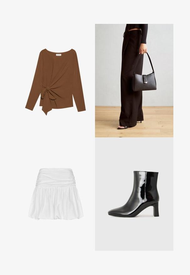Ruskea pitkähihaisen ylin vaate, jossa on leveä pääntie ja solmukohta toisella sivulla, valmistettu pehmeästä, teksturoidusta kankaasta.; Valkoinen minihelma, jossa on kerrottu vyötärö, soljuva A-linjainen muoto, sileä kangas, ja röyhelöinen helma, joka lisää tilavuutta ja liikettä.; Musta patenttilakattu nilkkuri, jossa on terävä kärki ja keskipitkä lohkarekorko. Silkkinen pinta ja minimalistinen muotoilu.; Musta käsilaukku, jossa on rakenteellinen muoto, sileä pinta ja metallinen solki. Yhdistetty leveisiin mustiin housuihin ja avonaiheisiin sandaaleihin puulattialla.