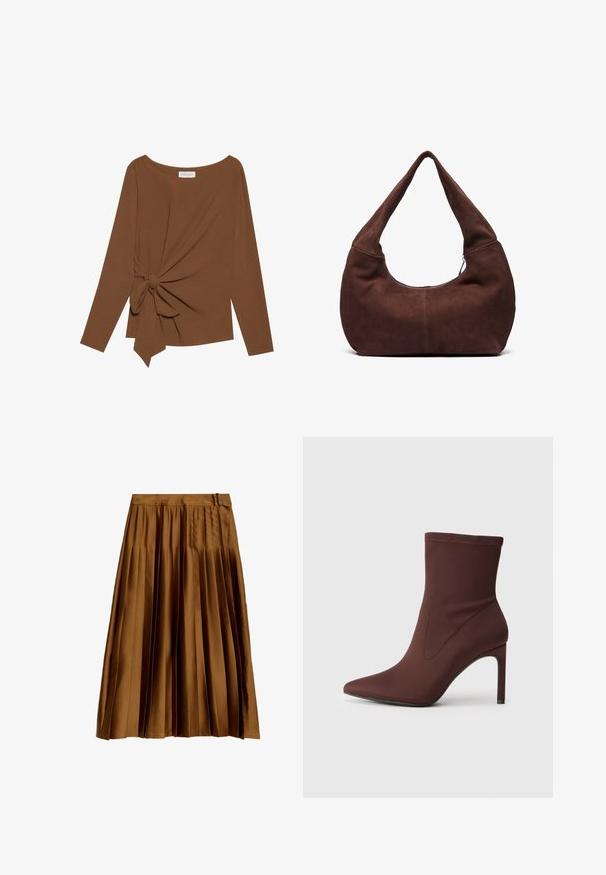 Hnědý dlouhý rukáv top s širokým výstřihem a detaily uzlu na jedné straně, vyrobený z měkké texturované látky.; Hnědá saténová midi sukně se sklady a vysokým pasem, se stranovým detailem přezky, vystavená plochá na bílém pozadí.; Hnědé elastické kozačky do kotníků s špičatou špičkou a 10 cm vysokým jehlovým podpatkem. Švy podél stran, hladký povrch a žádné viditelné zapínání.; Hnědá semišová hobo taška s zakřiveným, širokým uchem a velkým otvorem. Měkká textura se viditelným prošíváním podél okrajů.