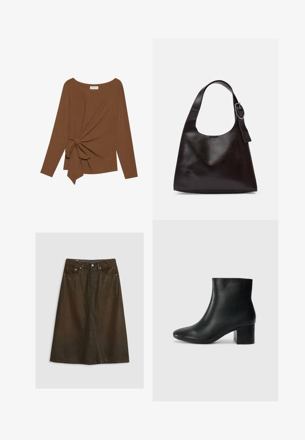 Brūna garām piedurknēm topa, kas izceļas ar plašu dekoltē un mezglu detaļu vienā pusē, izgatavota no mīkstas, teksturētas auduma.; Brūns, līdz ceļiem garš džinsu svārki ar priekšu šķēlumu, piecu kabatu dizains, metāla detaļas un smalks raksts.; Melna ādas potīšu zābaki ar smailu purngalu un masīlu papēdi. Gluda tekstūra ar minimāliem akcentiem un gludu, pieguļošu dizainu.; Brūns ādas plecu soma ar gludu tekstūru, noapaļu formu, platu jostu un apaļu metāla akcentu uz roktura.