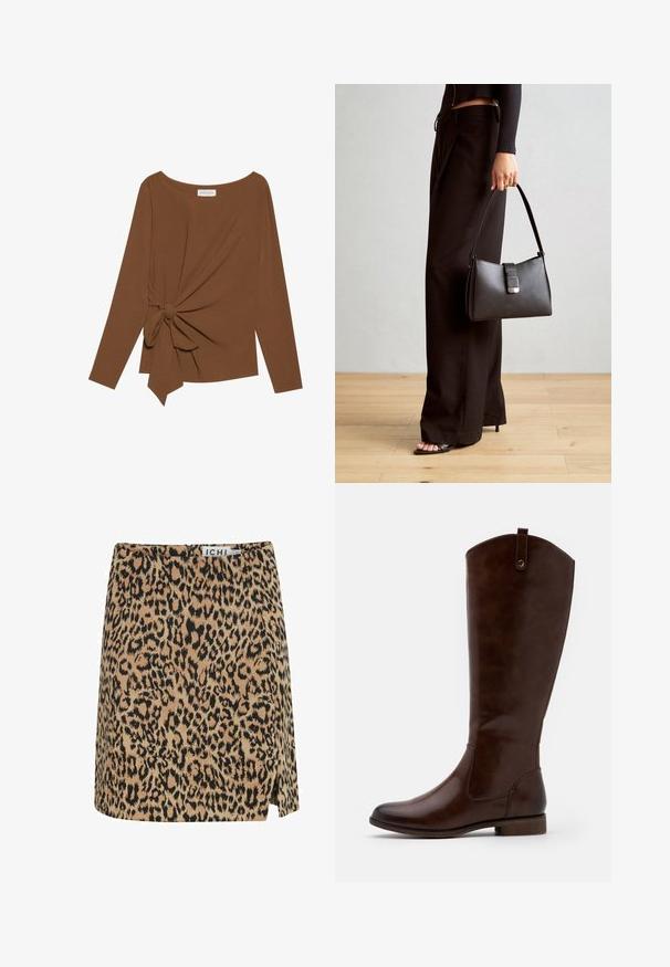 Rjava dolgosleeve majica z širokim izrezom in vozlom na eni strani, izdelana iz mehkega, teksturiranega blaga.; Mini krilo v leopardjem vzorcu, izdelano iz mehkega blaga, z bež osnovo in črnimi madeži, stranskim razporkom in diskretnim zadrgo na hrbtni strani.; Rjave škornje do kolen, izdelane iz gladkega usnja, z zaobljenim nosom, nizkim naloženim peto in diskretnim šivanim vzorcem ob straneh.; Črna torbica z strukturirano obliko, gladko teksturo in kovinskim zaponko. Ujemajo se z širokimi črnimi hlačami in odprtimi sandali na lesenem tleh.