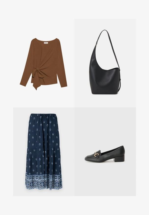 Maglia marrone a maniche lunghe con scollatura ampia e un dettaglio a nodo su un lato, realizzata in tessuto morbido e testurizzato.; Gonna maxi blu navy con vita elastica e cordoncino. Presenta motivi floreali bianchi e un orlo decorativo con un motivo blu.; Mocassini in pelle nera con tacco piatto, dotati di un dettaglio decorativo in metallo dorato nella parte anteriore e una superficie liscia.; Borsa hobo nera in pelle con una superficie liscia, forma curvata e una singola tracolla regolabile; presenta un'ampia apertura nella parte superiore.