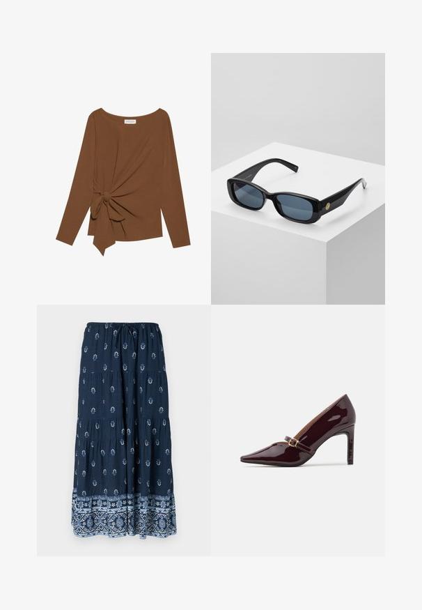 Brun langermet topp med bred hals og en knutedetalj på den ene siden, laget av mykt, teksturert stoff.; Mørk blå maxiskjørt med elastisk midjebånd og snøring. Har hvite blomster mønstre og en dekorativ blå mønstrede kant.; Patent burgunder høyhælte sko med spiss tå, ankelrem med gullbeslag og en glatt, polert finish. Hevet stiletthel.; Svarte rektangulære solbriller med blå tonede linser, tykke rammer og en guldfarget sirkulær detalj på siden. Slank, blank overflate.; Burgunderfarget håndveske laget av syntetisk materiale med en strukturert design, som har en avtagbar stropp og et blomstermønstret skjerf knyttet til håndtaket.