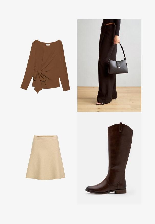 Ruskea pitkähihaisen ylin vaate, jossa on leveä pääntie ja solmukohta toisella sivulla, valmistettu pehmeästä, teksturoidusta kankaasta.; Beige, kellottu hame, joka on valmistettu strukturoidusta kankaasta, korkeat vyötärö ja sileä helma, suunniteltu yksinkertaista ja siistiä siluettia varten.; Ruske knee-high sačinjene od glatke kože, s okruglim nosom, niskim složenim potplatom i suptilnim uzorkom šavova duž strana.; Musta käsilaukku, jossa on rakenteellinen muoto, sileä pinta ja metallinen solki. Yhdistetty leveisiin mustiin housuihin ja avonaiheisiin sandaaleihin puulattialla.